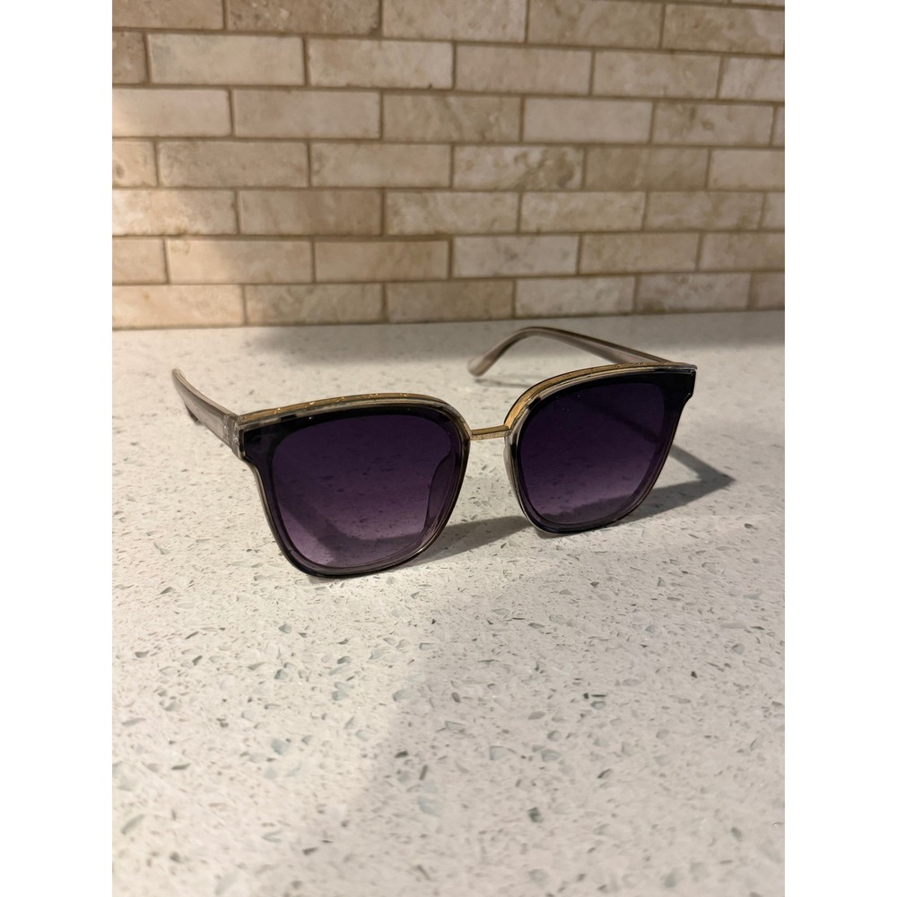 Oversized Square Sunglasses Translucent Grey Gold Brow Bar Purple Lens